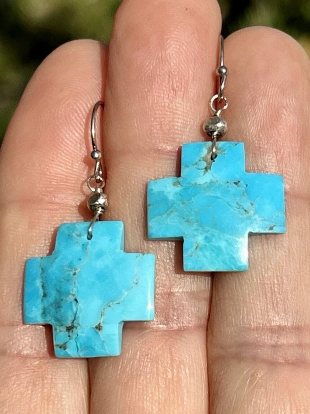 Sundance NEW $138 Blue Turquoise Slab Cross Sterling Silver Handmade Earrings